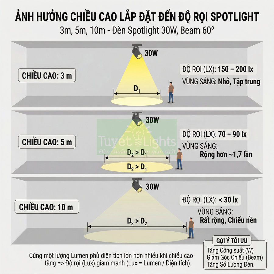 Minh họa ảnh hưởng chiều cao lắp đặt đến độ rọi của đèn spotlight 30W beam 60 độ