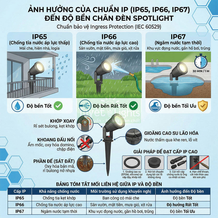 Infographic so sánh chuẩn chống nước IP65 IP66 IP67 cho đèn spotlight ngoài trời