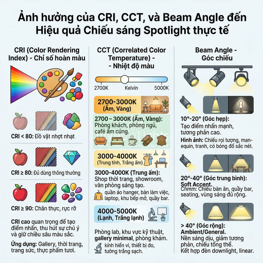 Ảnh minh họa chỉ số CRI, nhiệt độ màu CCT và góc chiếu beam angle cho đèn spotlight trong chiếu sáng nội thất