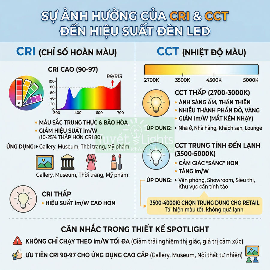 Infographic giải thích ảnh hưởng của chỉ số CRI và nhiệt độ màu CCT đến hiệu suất đèn LED