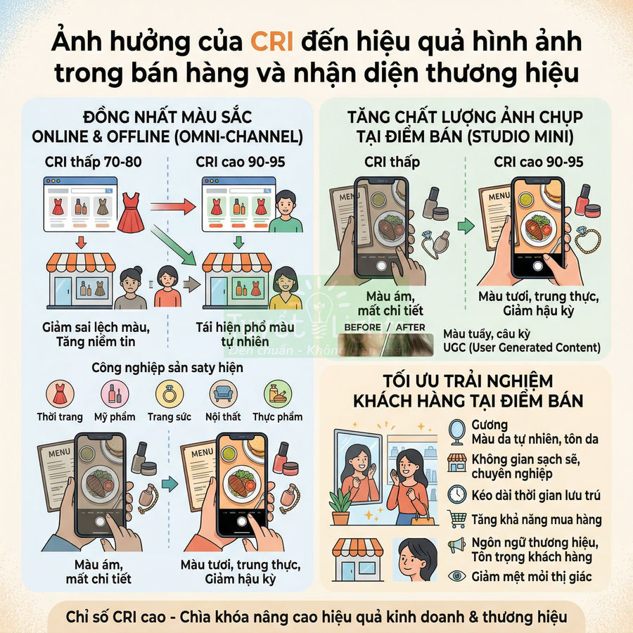 Infographic tiếng Việt giải thích ảnh hưởng chỉ số CRI cao đến màu sắc hình ảnh, trải nghiệm khách hàng và hiệu quả bán hàng