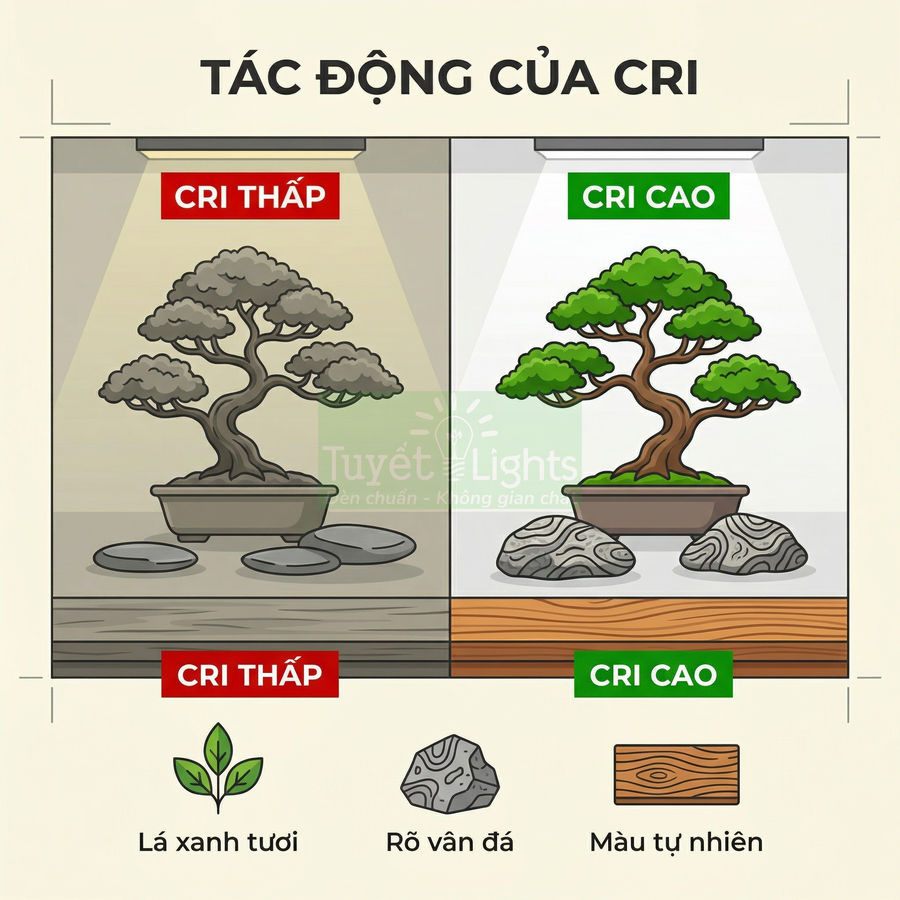So sánh ánh sáng CRI thấp và CRI cao chiếu lên cây bonsai, làm nổi bật màu lá và chi tiết tự nhiên