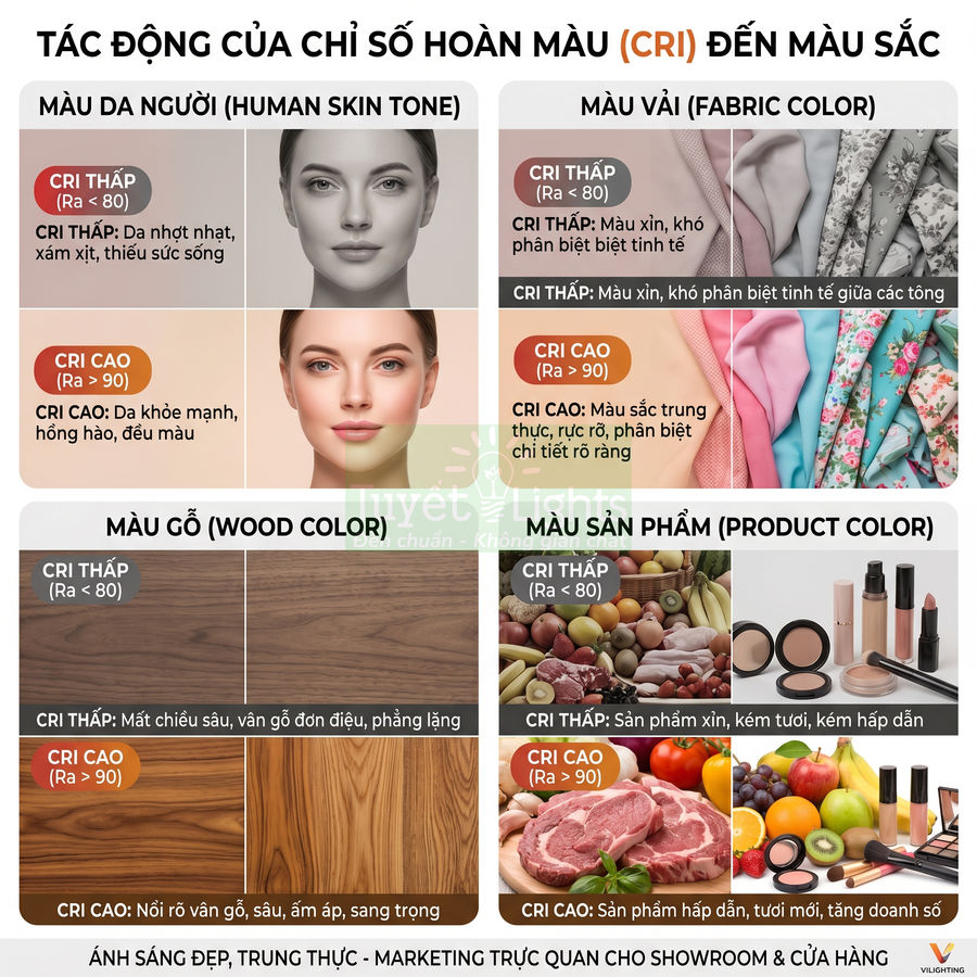 So sánh chỉ số hoàn màu CRI cao và thấp cho màu da, vải, gỗ và sản phẩm trong trưng bày showroom