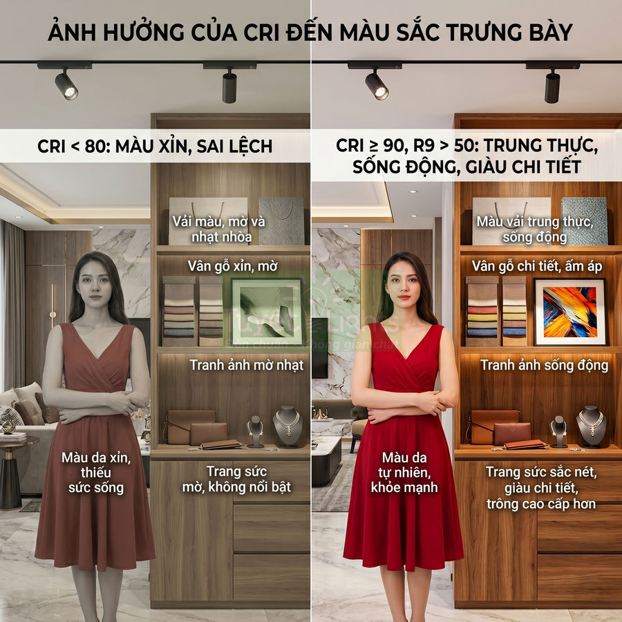 So sánh ánh sáng CRI thấp và CRI cao trong cửa hàng, làm thay đổi màu da người mẫu, vải, gỗ và trang sức trưng bày