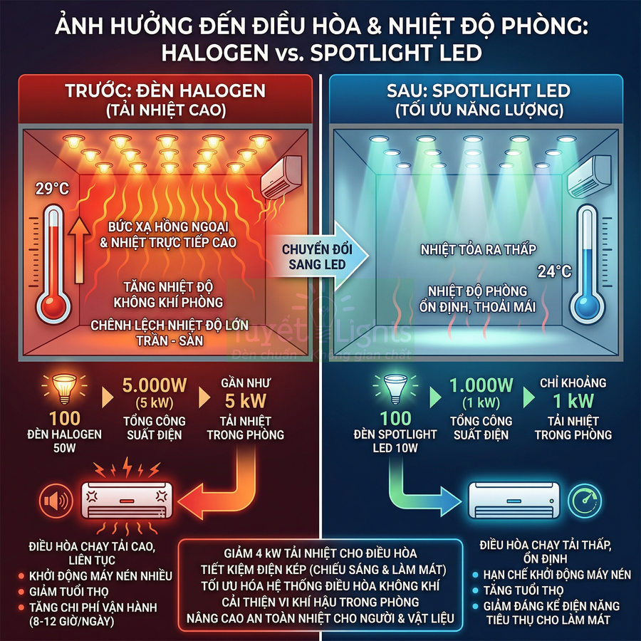 So sánh ảnh hưởng đèn halogen và đèn spotlight LED đến nhiệt độ phòng và hiệu suất điều hòa