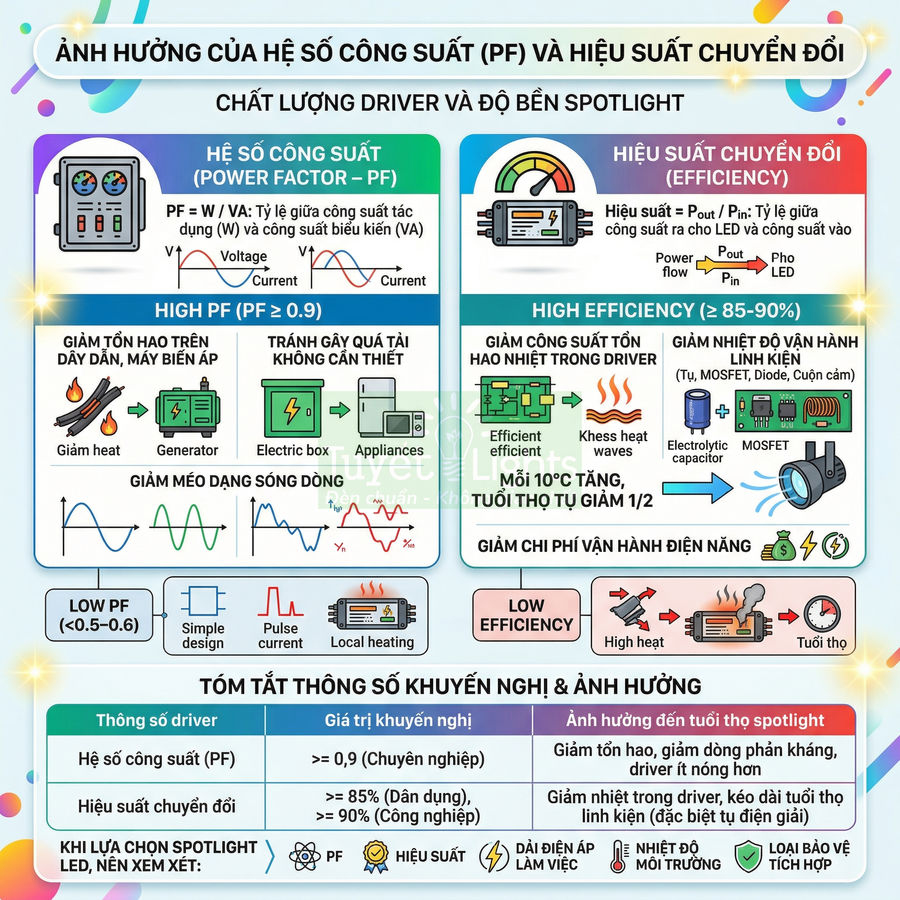 Infographic giải thích hệ số công suất PF và hiệu suất chuyển đổi driver spotlight LED, ảnh hưởng đến độ bền và tiết kiệm điện