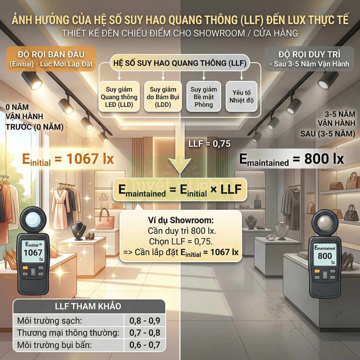 Minh họa hệ số suy hao quang thông LLF ảnh hưởng độ rọi lux khi thiết kế đèn chiếu điểm cho showroom cửa hàng