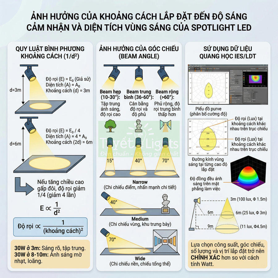 Infographic hướng dẫn chọn khoảng cách lắp đặt và góc chiếu cho đèn spotlight LED để tối ưu độ sáng