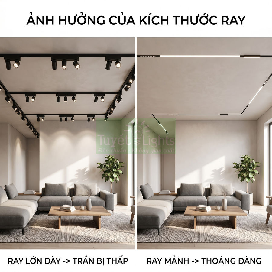 So sánh đèn ray chiếu sáng trần lớn dày và ray mảnh trong phòng khách hiện đại với sofa xám