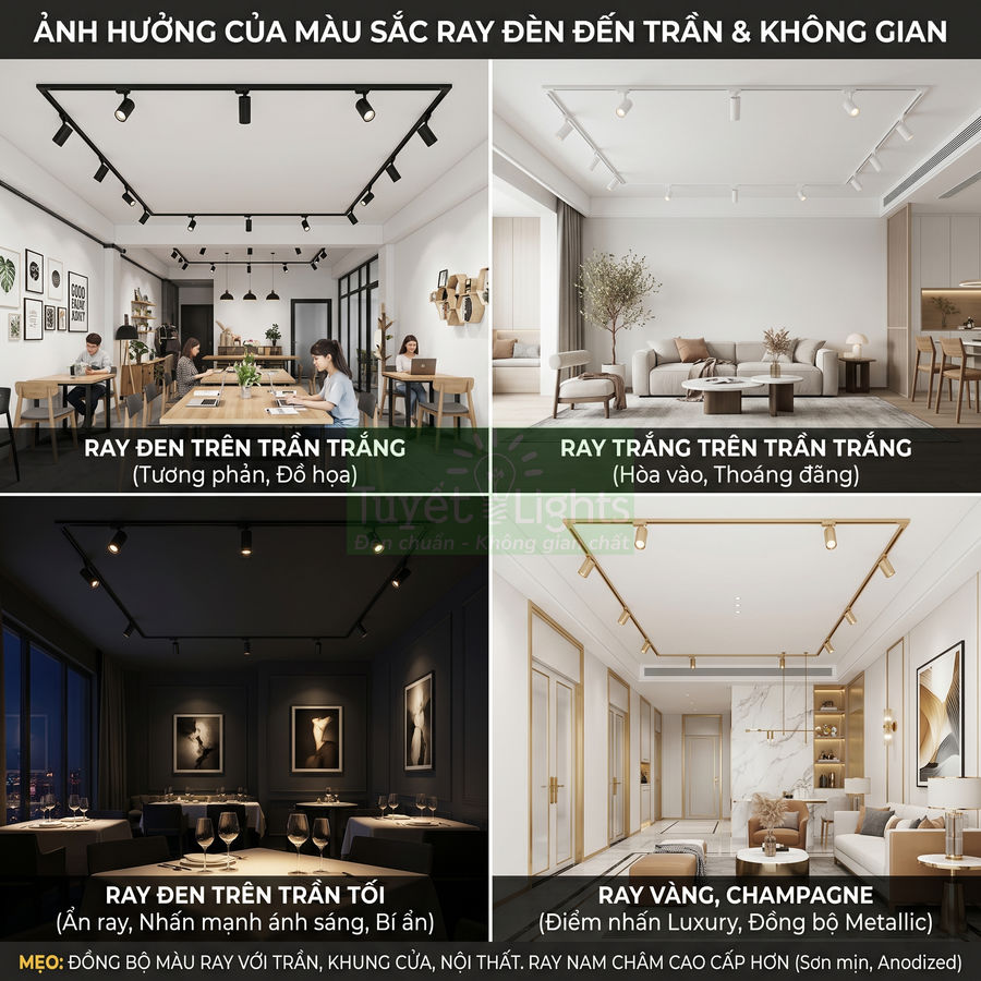 Các mẫu ray đèn trang trí trần nhà màu đen, trắng, vàng champagne cho phòng khách và phòng ăn hiện đại