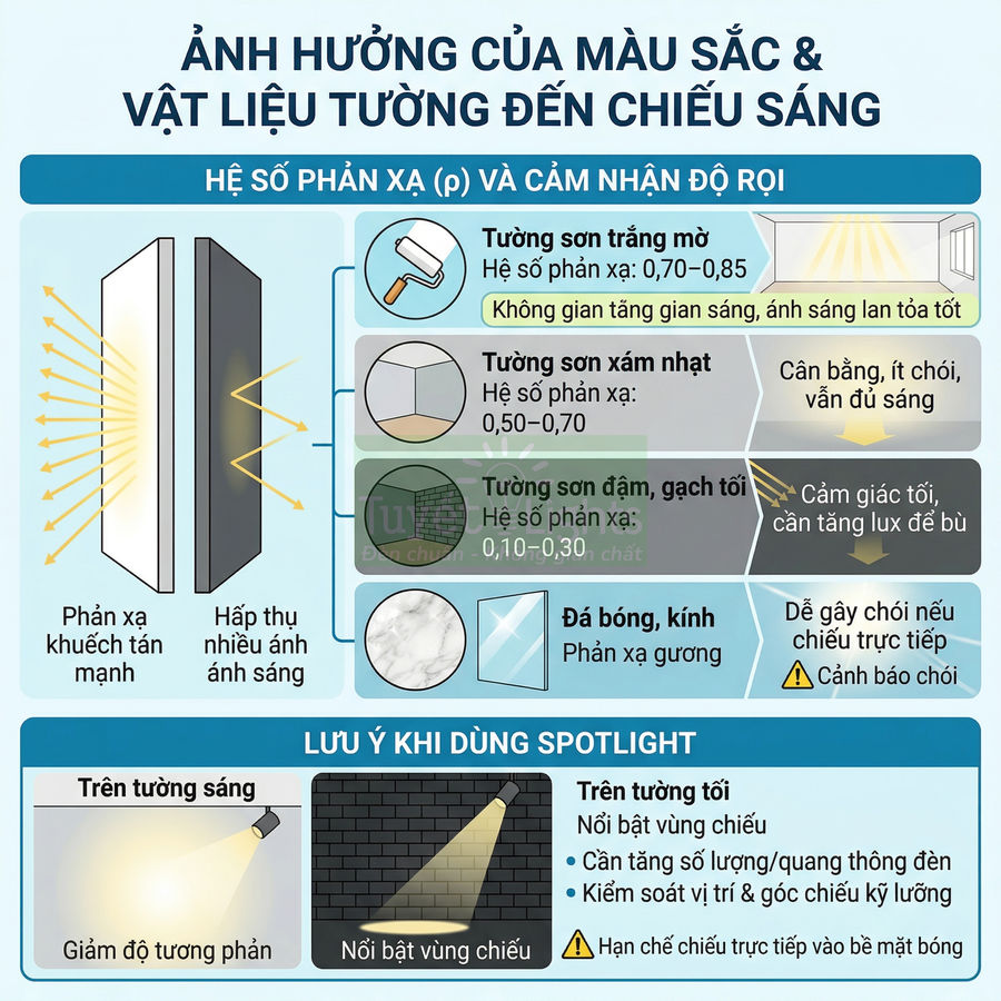Infographic ảnh hưởng màu sơn và vật liệu tường đến chiếu sáng, so sánh hệ số phản xạ và lưu ý dùng đèn spotlight