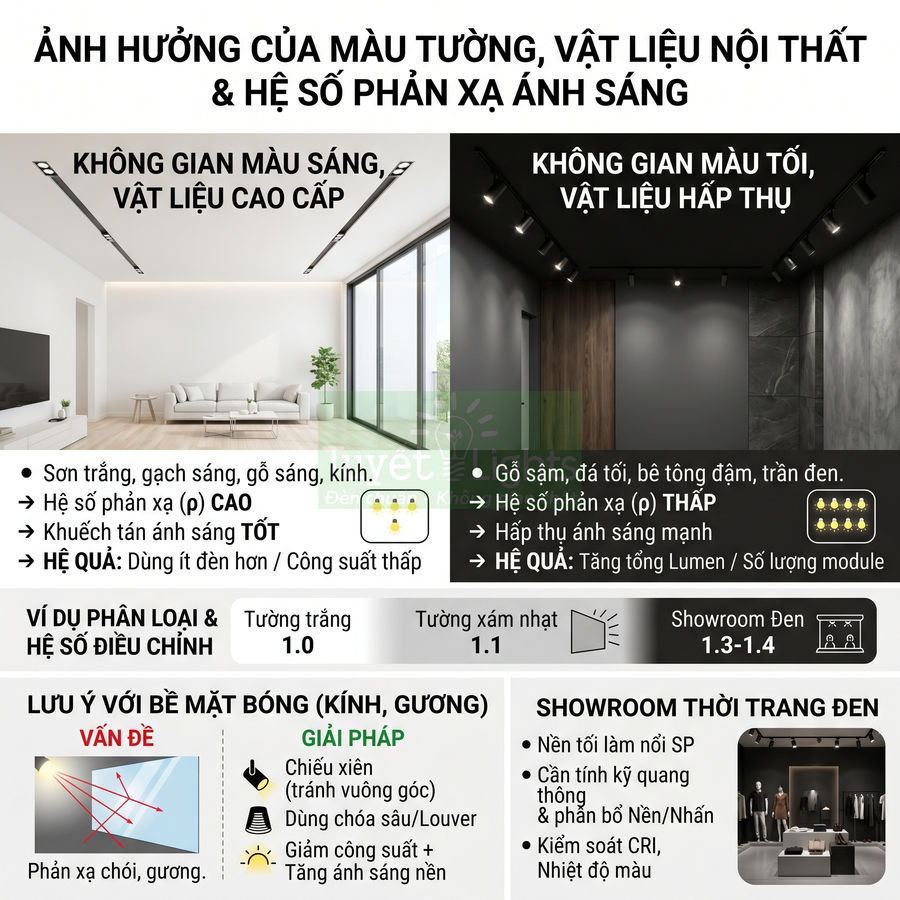 Infographic so sánh ảnh hưởng màu tường và vật liệu nội thất đến hiệu quả chiếu sáng showroom