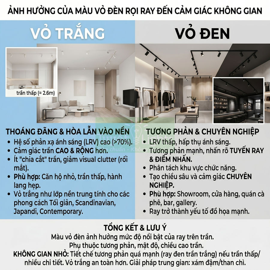 So sánh đèn rọi ray vỏ trắng và vỏ đen trong phòng khách và showroom, nêu ưu nhược điểm và gợi ý không gian phù hợp