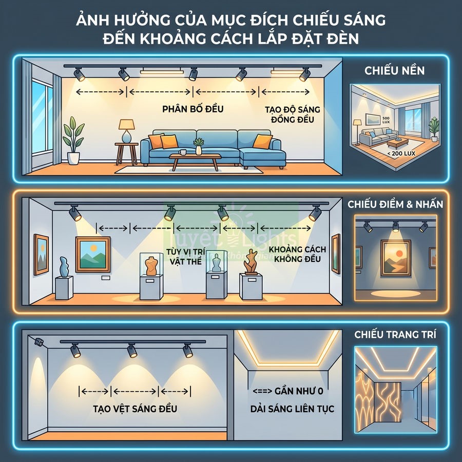 Minh họa khoảng cách lắp đặt đèn rọi ray cho chiếu nền, chiếu điểm và chiếu trang trí trong phòng khách và phòng trưng bày