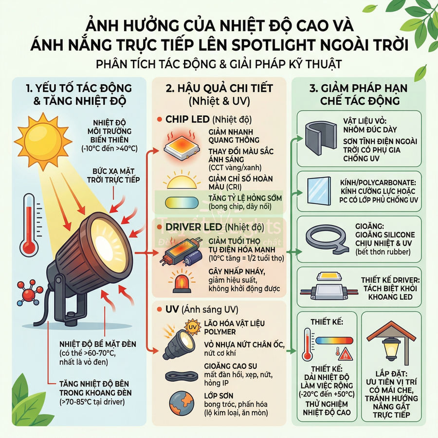 Infographic ảnh hưởng nhiệt độ cao và ánh nắng trực tiếp lên đèn spotlight LED ngoài trời và giải pháp kỹ thuật