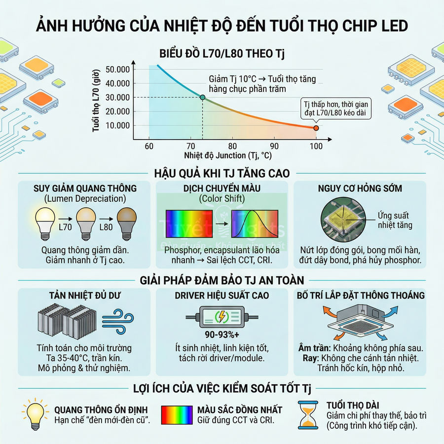 Infographic ảnh hưởng nhiệt độ đến tuổi thọ chip LED, hậu quả Tj cao và giải pháp tản nhiệt, driver, lắp đặt thông thoáng