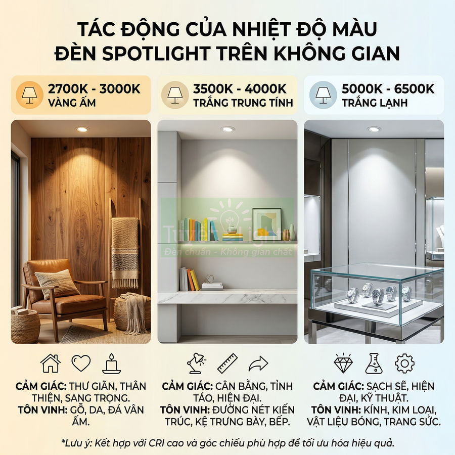 So sánh tác động nhiệt độ màu đèn spotlight 2700K 3000K 3500K 4000K 5000K 6500K lên không gian nội thất
