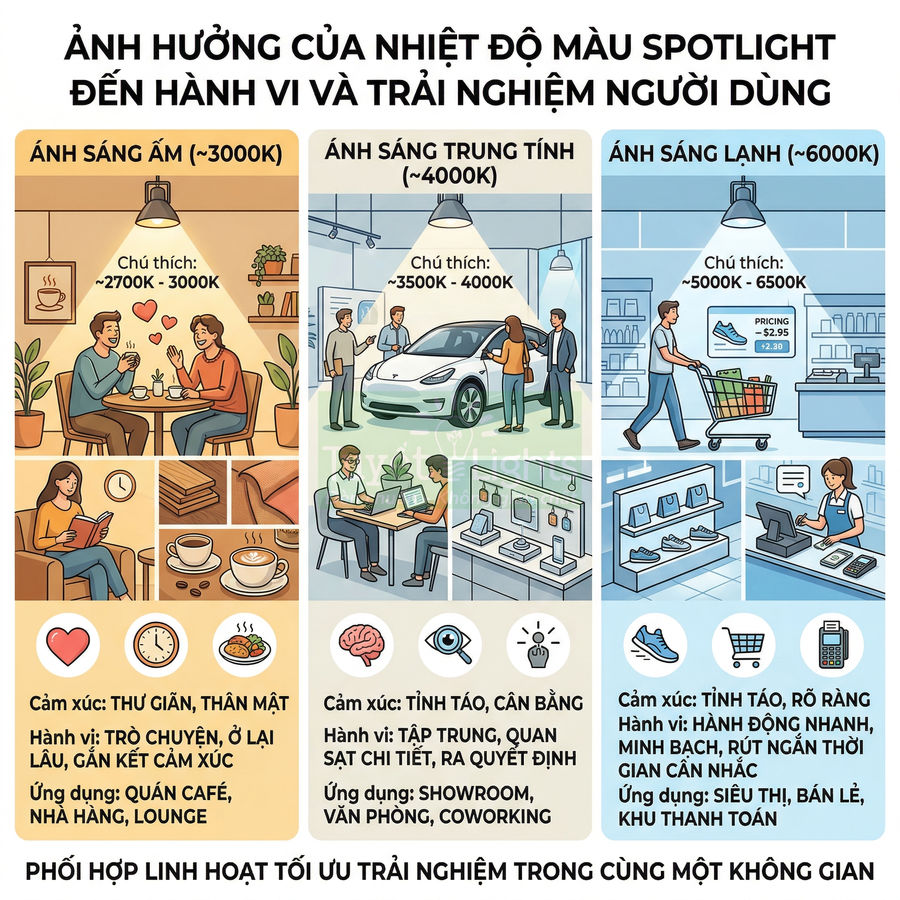 Infographic ảnh hưởng nhiệt độ màu spotlight ấm trung tính lạnh đến cảm xúc hành vi và ứng dụng chiếu sáng trong không gian