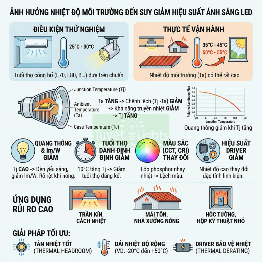 Infographic ảnh hưởng nhiệt độ môi trường đến suy giảm hiệu suất ánh sáng đèn LED và giải pháp tản nhiệt, bảo vệ driver