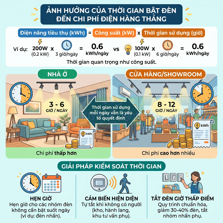 Infographic hướng dẫn cách giảm chi phí điện hàng tháng bằng kiểm soát thời gian bật đèn nhà ở và cửa hàng