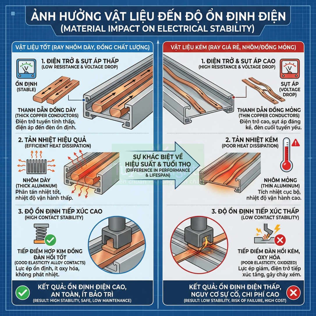So sánh ray dẫn điện nhôm dày đồng chất lượng cao với ray giá rẻ nhôm đồng mỏng về độ ổn định điện
