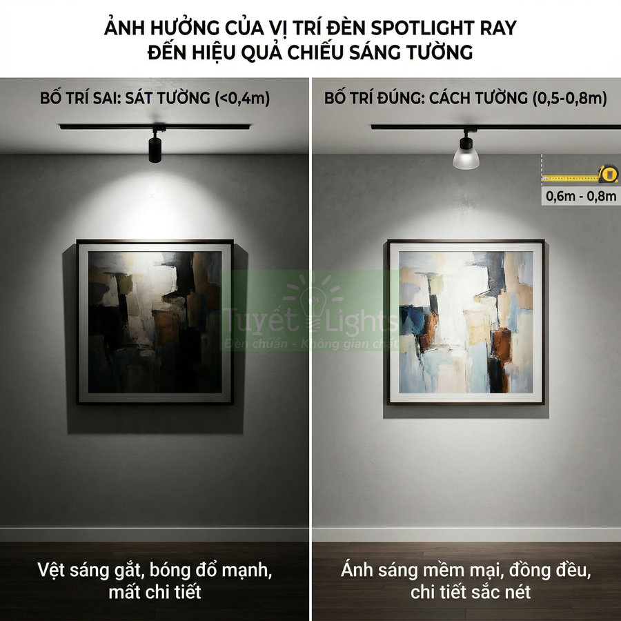 Đèn spotlight ray chiếu tranh treo tường, so sánh bố trí sát tường và cách tường cho hiệu ứng sáng khác nhau