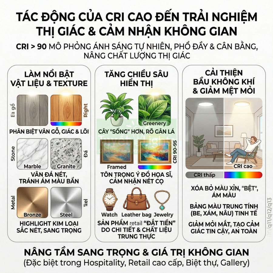 Infographic tác động của chỉ số CRI cao đến trải nghiệm ánh sáng, làm nổi bật vật liệu, màu sắc và không gian nội thất