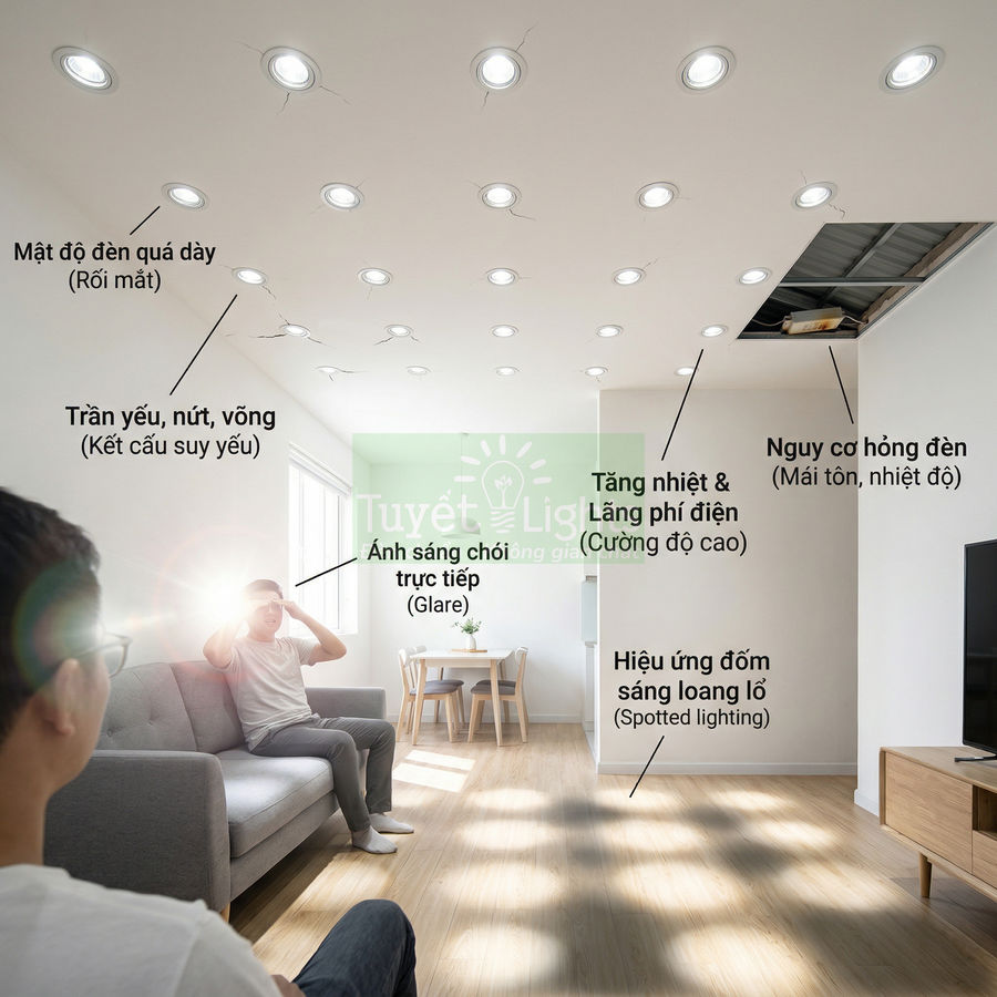 Phòng khách với nhiều đèn âm trần gây chói mắt, trần nứt vỡ và ánh sáng loang lổ kém thẩm mỹ