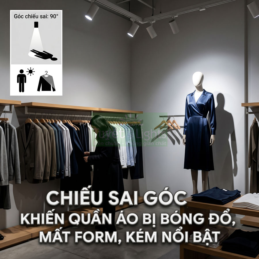 Đèn rọi trần chiếu sai góc làm quần áo trong cửa hàng thời trang bị bóng đổ và kém nổi bật