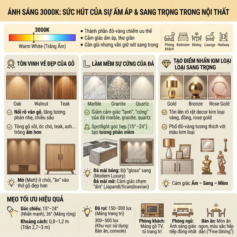 Infographic hướng dẫn sử dụng ánh sáng 3000K để làm nổi bật gỗ, đá và kim loại sang trọng trong thiết kế nội thất