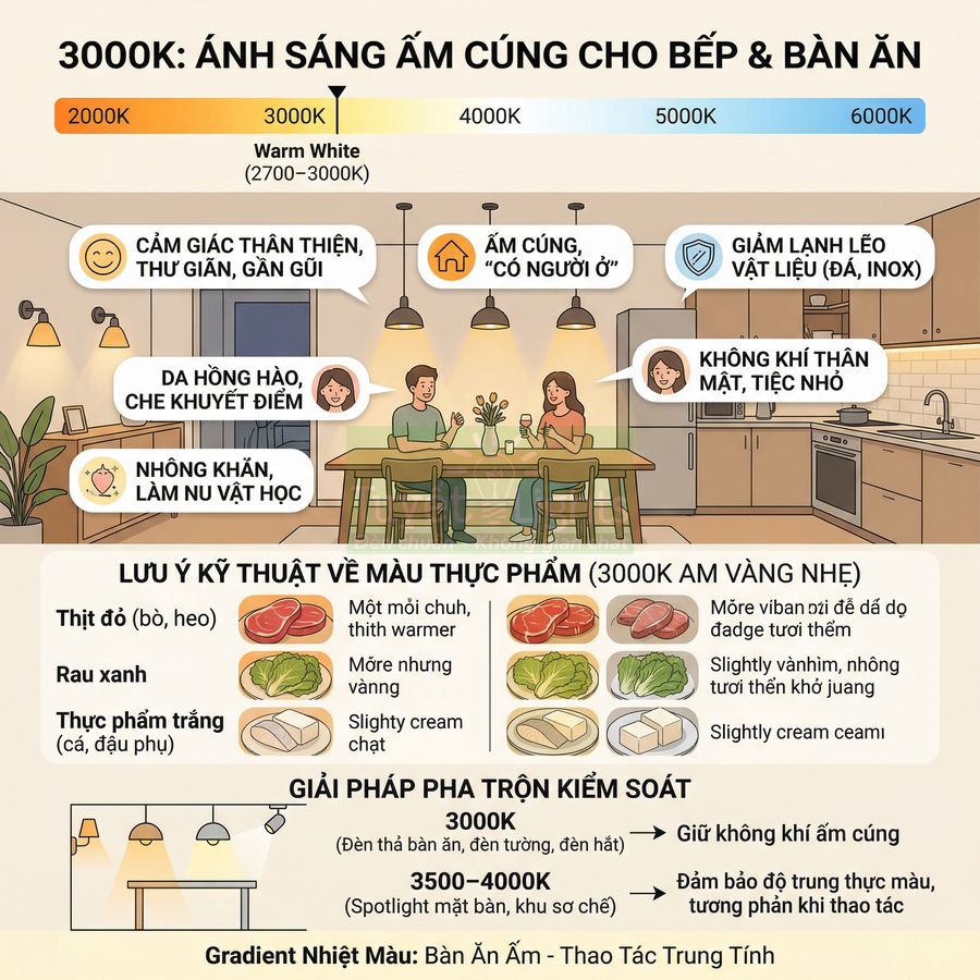 Minh họa ánh sáng 3000K ấm áp cho phòng bếp và bàn ăn, làm nổi bật không gian ăn uống gia đình