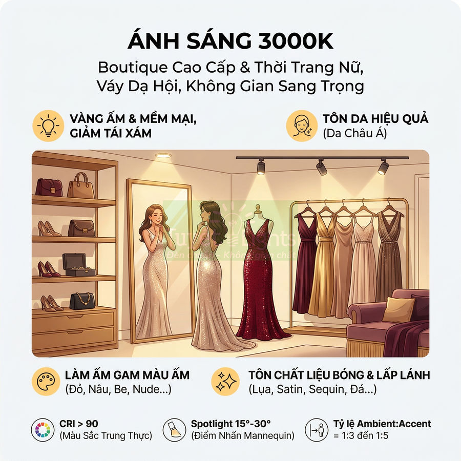 Đèn spotlight ánh sáng 3000K chiếu boutique váy dạ hội nữ, tôn màu ấm và chất liệu lụa satin lấp lánh