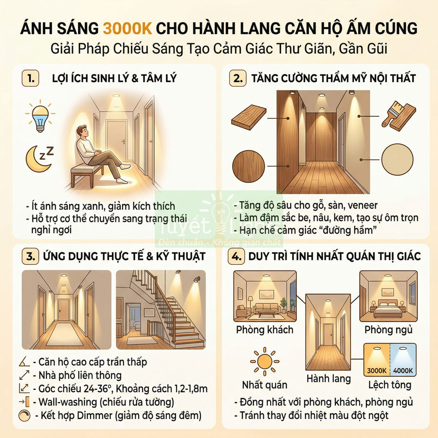 Infographic hướng dẫn sử dụng ánh sáng 3000K cho hành lang căn hộ để tạo không gian ấm cúng và thư giãn