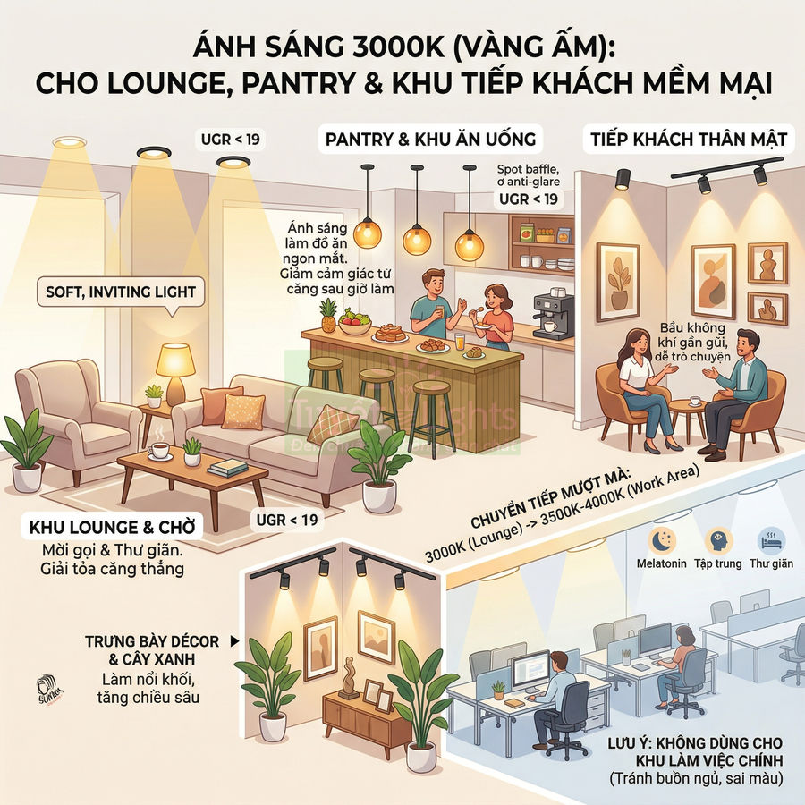 Minh họa không gian lounge, pantry và khu tiếp khách sử dụng ánh sáng vàng ấm 3000K tạo cảm giác thư giãn