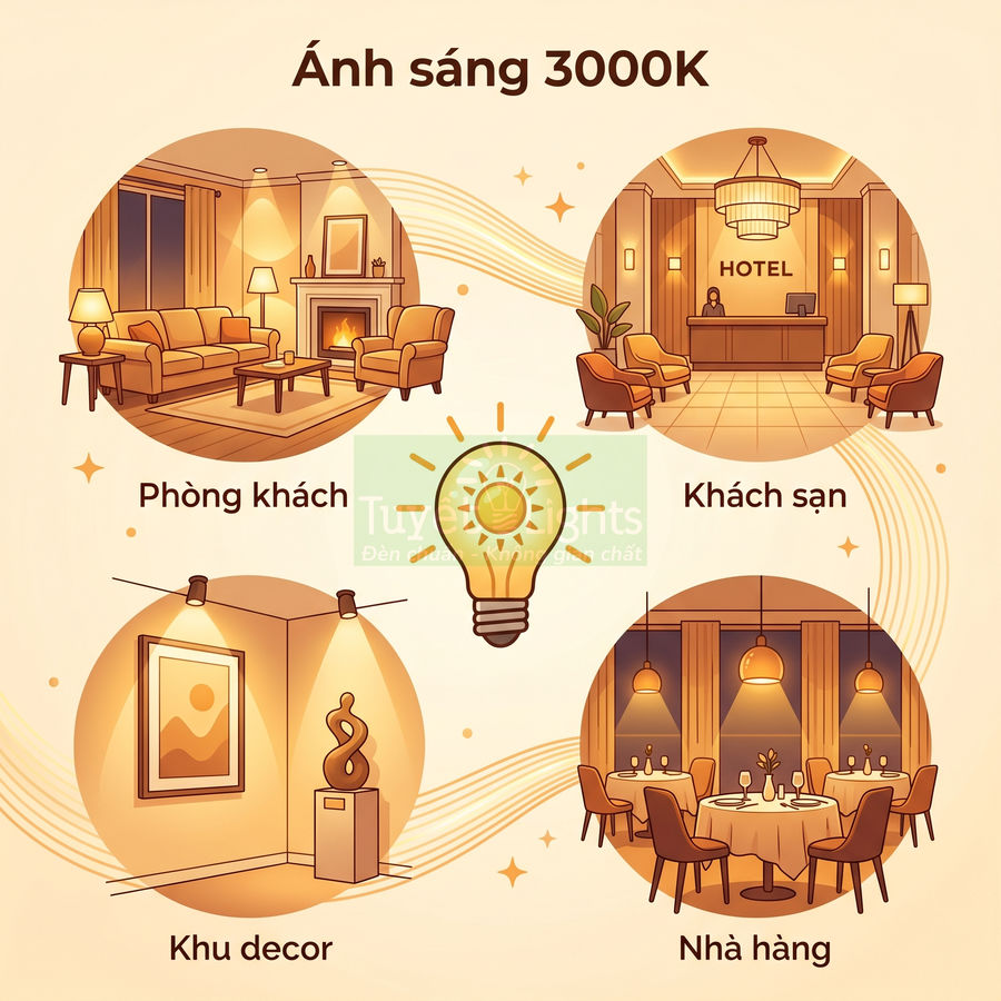 Ứng dụng đèn ánh sáng vàng 3000K cho phòng khách, khách sạn, khu decor và nhà hàng tạo không gian ấm áp