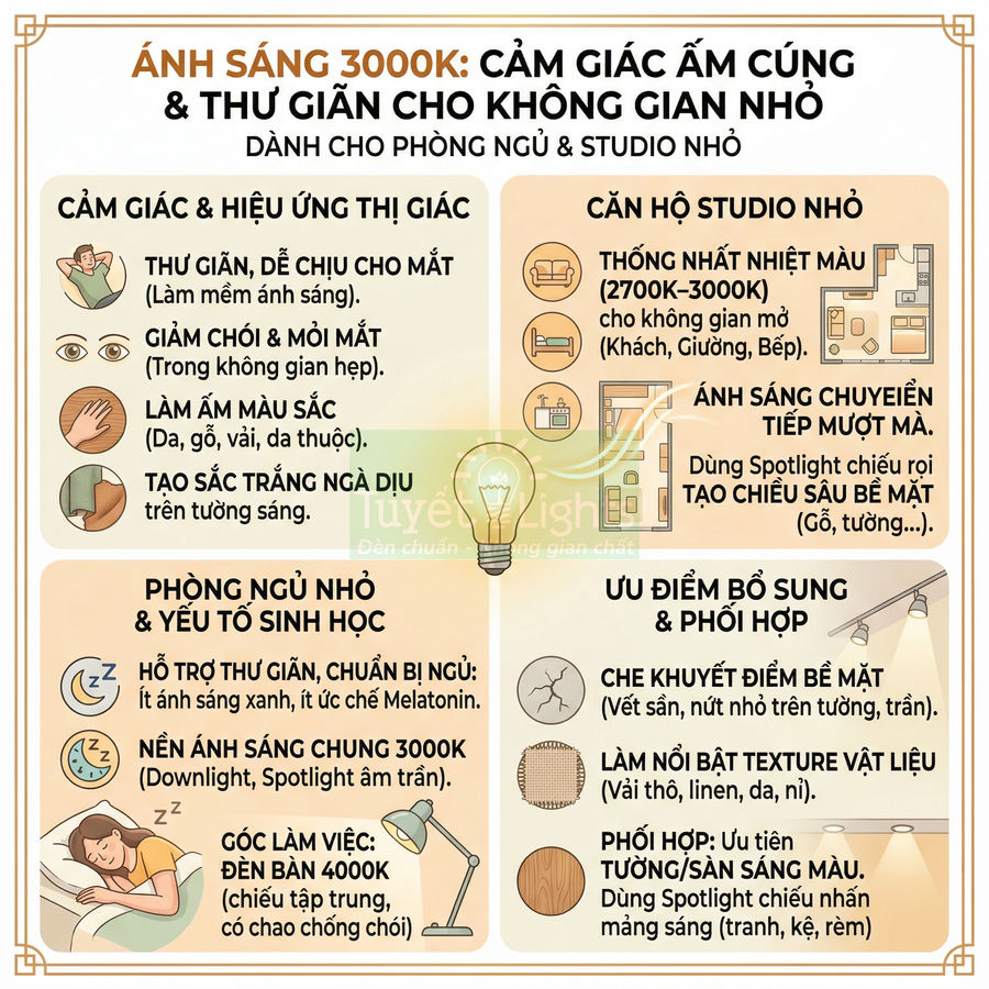 Infographic hướng dẫn chọn ánh sáng đèn 3000K ấm cúng thư giãn cho phòng ngủ nhỏ và căn hộ studio
