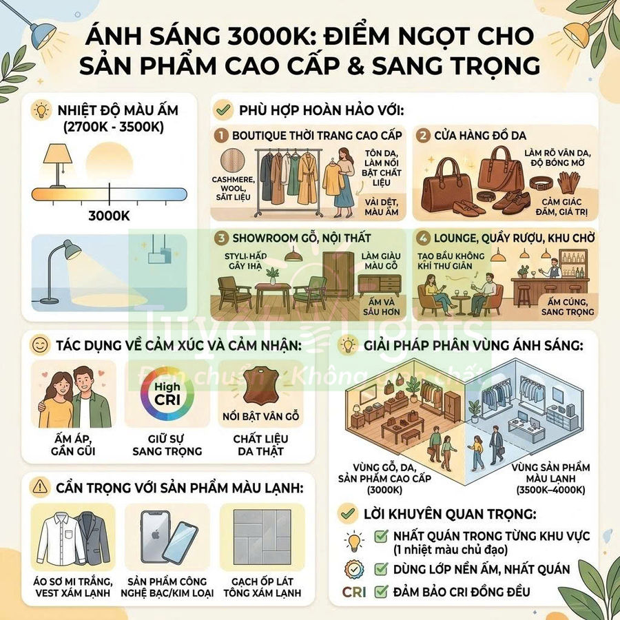 Infographic giới thiệu ưu điểm ánh sáng 3000K cho trưng bày sản phẩm cao cấp và sang trọng