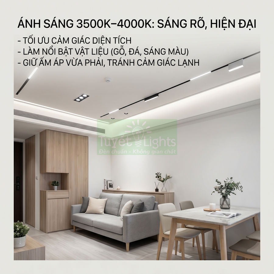 Phòng khách tối giản với đèn trần Tuyết Lights ánh sáng 3500K 4000K làm nổi bật nội thất gỗ hiện đại