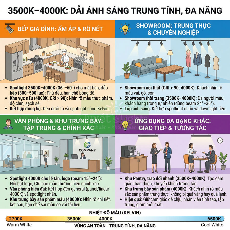 Infographic hướng dẫn chọn nhiệt độ màu 3500K 4000K cho bếp gia đình showroom văn phòng và khu giao tiếp