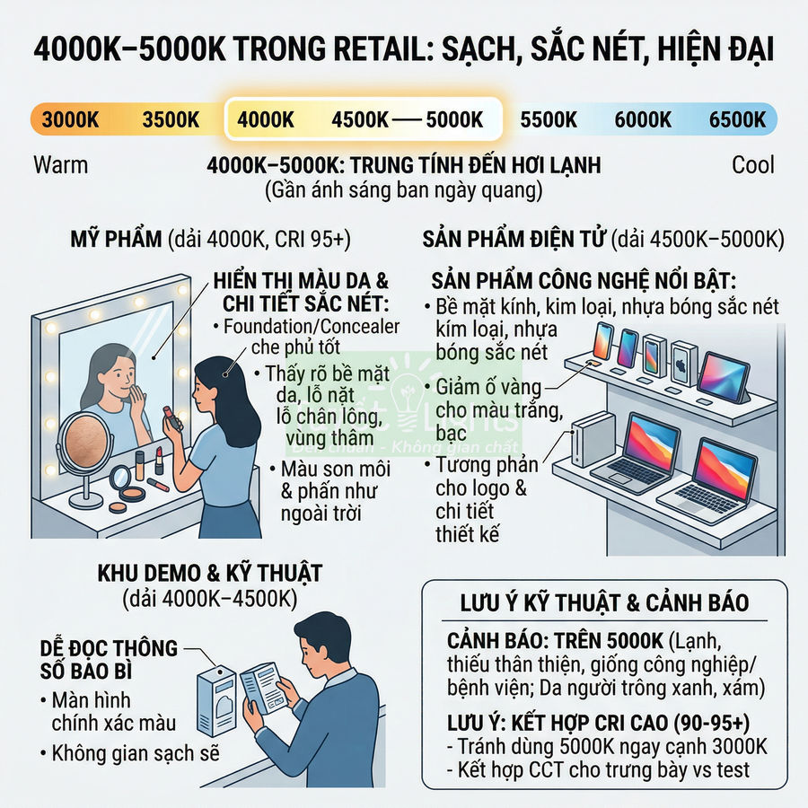 Minh họa ánh sáng 4000K 5000K trong cửa hàng bán lẻ cho mỹ phẩm, sản phẩm điện tử và khu demo kỹ thuật