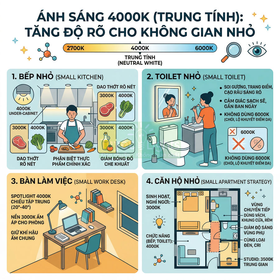 Infographic hướng dẫn chọn nhiệt độ màu đèn LED 4000K cho bếp nhỏ, toilet, bàn làm việc và căn hộ nhỏ