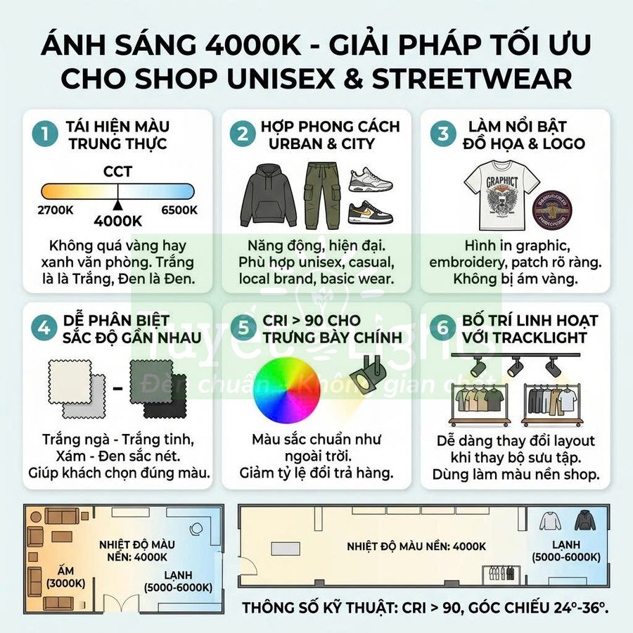 Infographic giới thiệu ưu điểm ánh sáng 4000K CRI cao cho shop thời trang unisex và streetwear