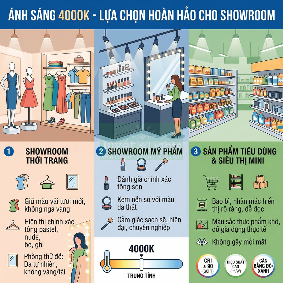 Infographic ánh sáng 4000K cho showroom thời trang, mỹ phẩm, siêu thị mini giúp hiển thị màu sản phẩm trung thực