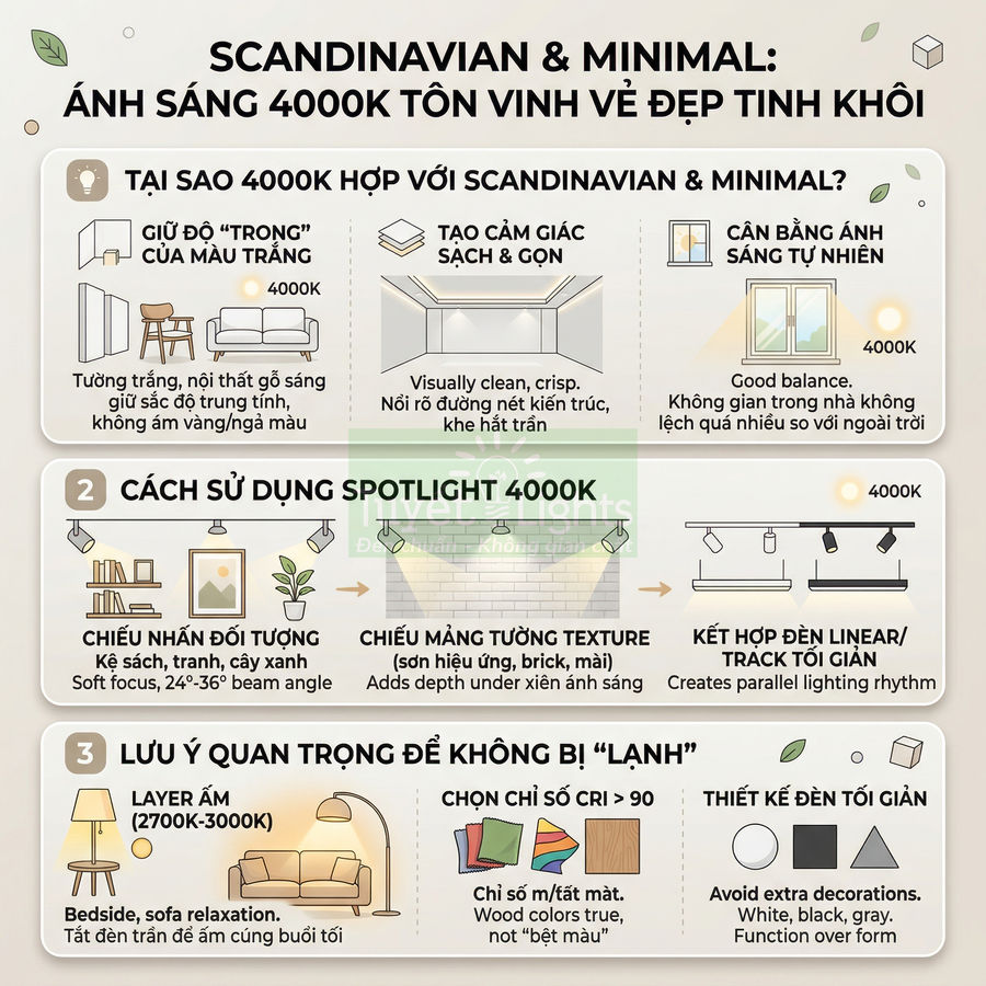 Infographic hướng dẫn sử dụng đèn spotlight 4000K phong cách Scandinavian và Minimal cho nội thất nhà ở