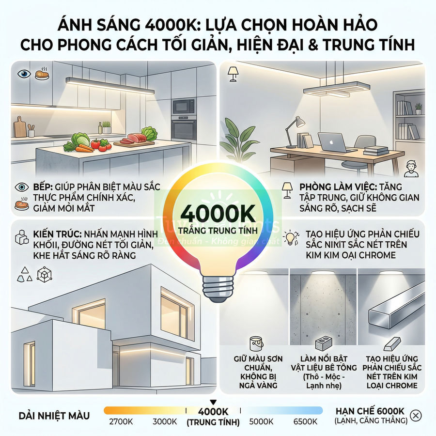 Infographic ứng dụng ánh sáng đèn LED 4000K trung tính cho bếp, phòng làm việc và kiến trúc hiện đại
