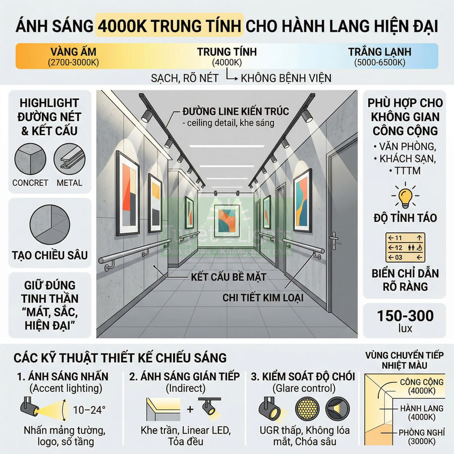 Minh họa thiết kế chiếu sáng trung tính 4000K cho hành lang hiện đại với đèn trần và đèn rọi tường