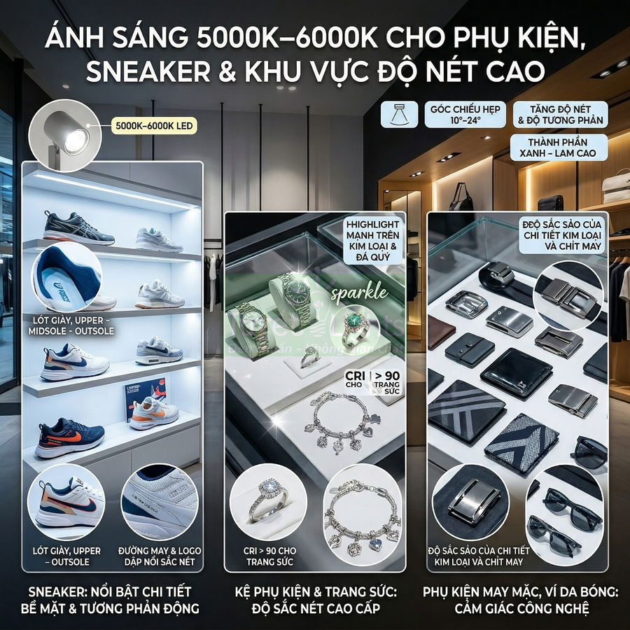 Hệ thống đèn LED 5000K 6000K chiếu sáng kệ trưng bày giày sneaker, trang sức và phụ kiện da cao cấp trong cửa hàng
