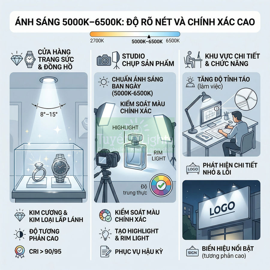 Minh họa ứng dụng ánh sáng 5000K 6500K cho trưng bày trang sức, chụp sản phẩm và thiết kế biển hiệu quảng cáo