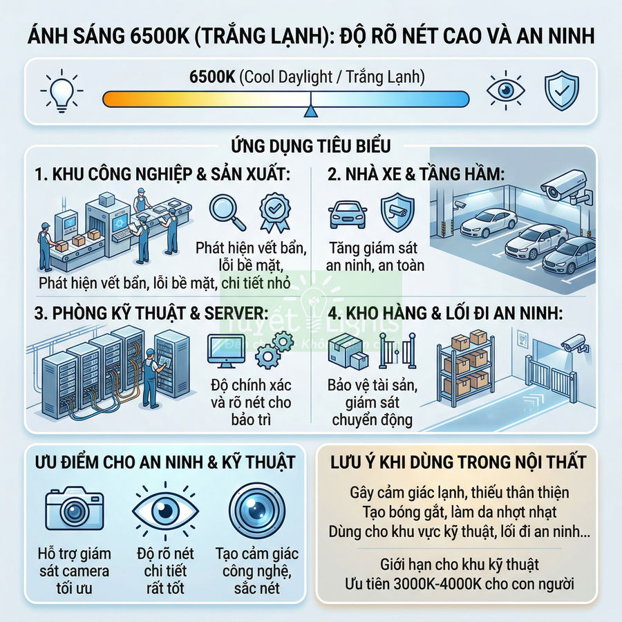 Infographic ứng dụng ánh sáng trắng lạnh 6500K cho nhà xưởng, bãi xe, phòng server, kho hàng và hệ thống camera an ninh