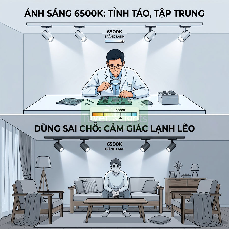 Minh họa so sánh đèn LED ánh sáng trắng 6500K dùng cho bàn làm việc và phòng khách, cho thấy tác động đến cảm xúc